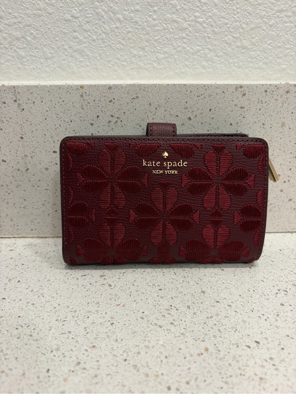 Kate Spade Deep Wine Flower Jacquard Embroidered Flowers Burgundy Wallet Small